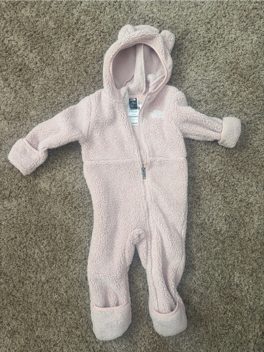 The North Face Light Pink Sherpa Fleece Baby One-Piece with Hooded Ears